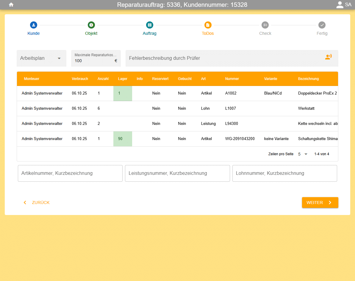 Werkstatt-App: Auftragsdetails mit Leistungen und Teilen